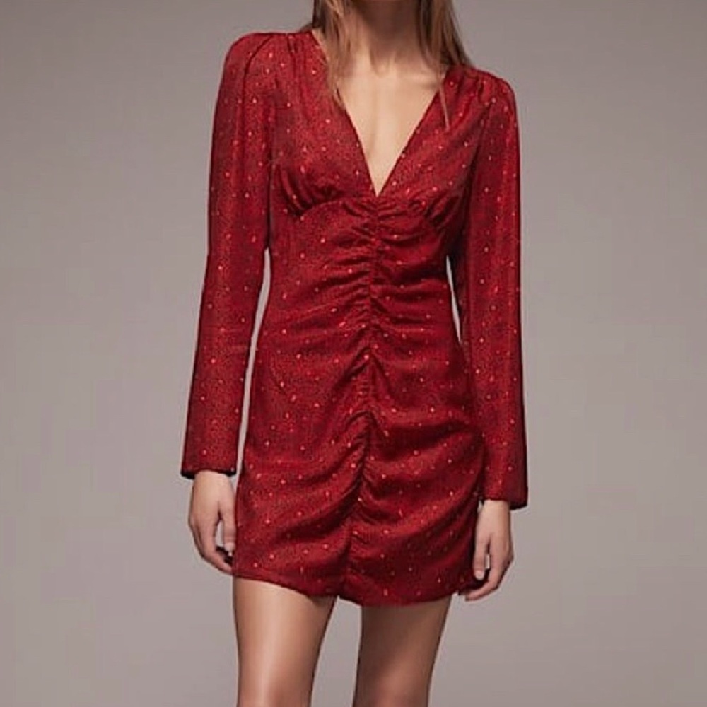 ZARA Red Black Print Side Ruched V-neck Long Sleeve Mini Dress.